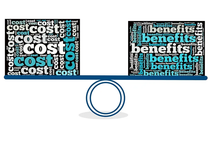 A box filled with the word 'cost' and a box filled with the word 'benefits' sat equally on a seesaw.