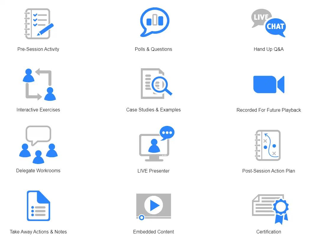 Examples of interactive elements in virtual training webinars including pre-session activity, polls, Q&A, exercises, case studies, recordings, delegate workrooms, live presenter, post-session action plans, take-away notes, embedded content and certification.