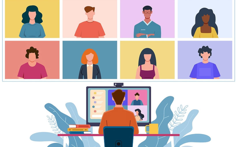 someone sitting on a computer with tiles of different people looking back at them