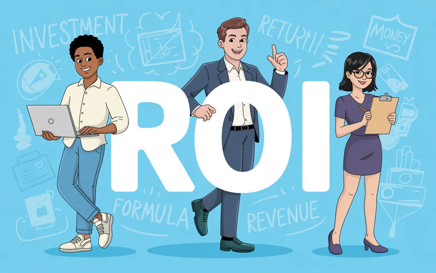 Successful, happy business colleagues around the acronym 'ROI', surrounded by related words and phrases.